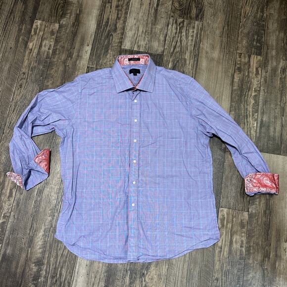 Haggar Men’s Plaid Shirt Blue Red Cotton XXL 2XL button up Paisley Contrast Cuff - Picture 1 of 6
